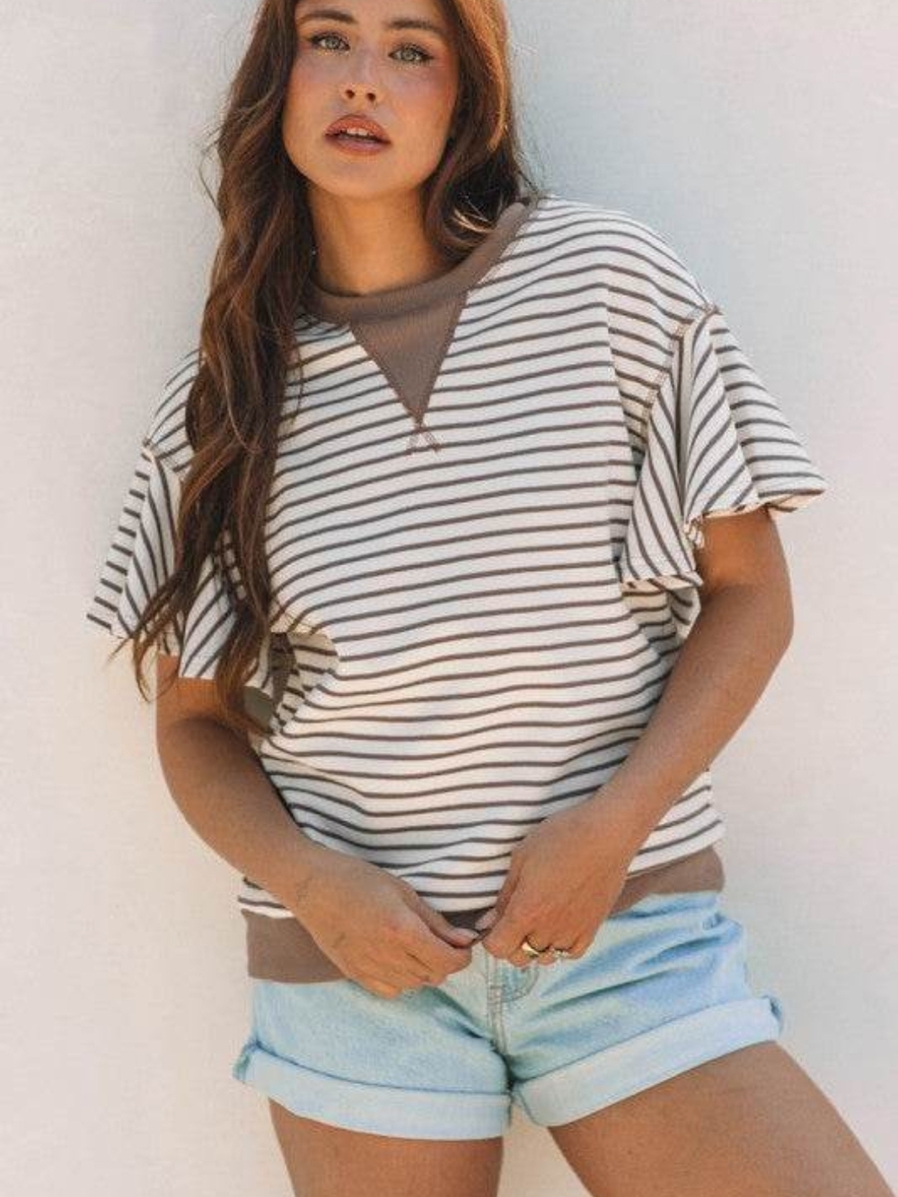 Striped Short Sleeve Ruffle Sleeve Top - Cream & Brown NWOT
